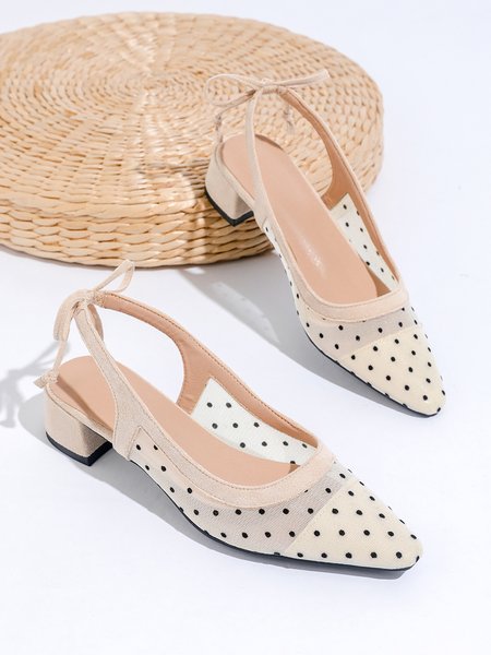 

Black Polka Dot Mesh Elegant Pointed Toe Back Empty Shoes, Apricot, Heels