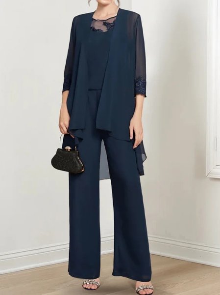 

Elegant Lace Edge Loose Matching Outfit, Dark blue, Suit Set