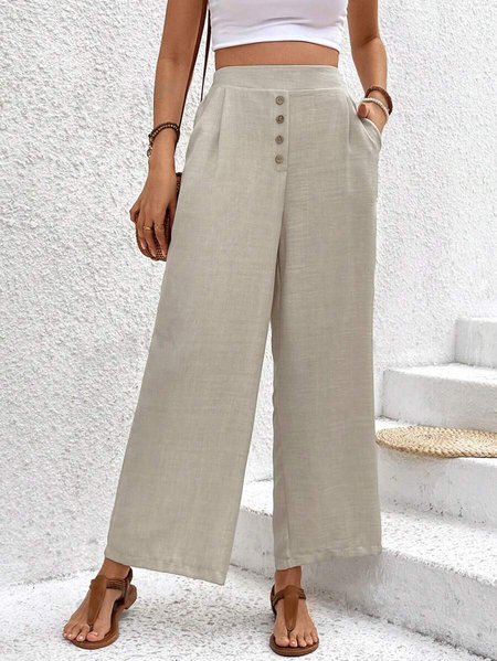 

Plain Cotton-Blend Casual Pants, Khaki, Pants