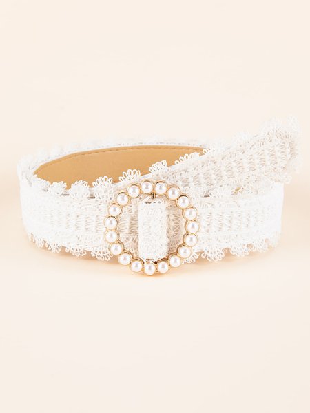 Elegant Imitation Pearl Lace Belt, White, Belts