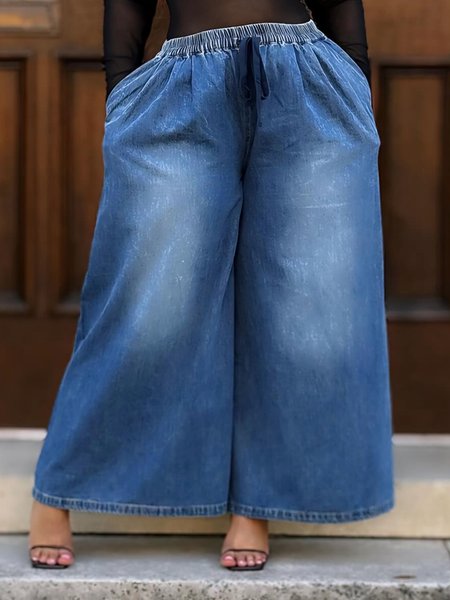 Plain Loose Casual Denim Wide leg Jeans, Blue, Jeans