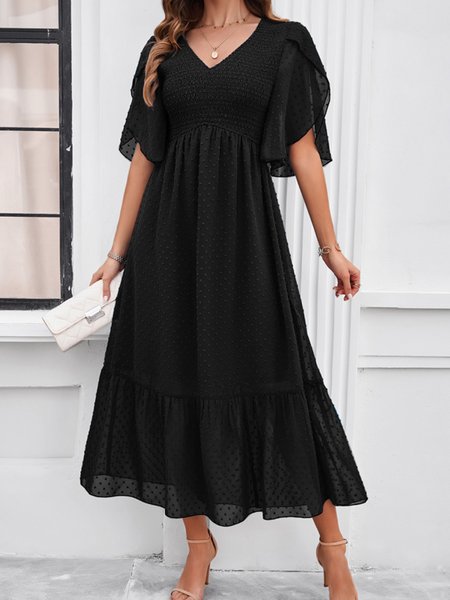 

Women Plain V Neck Short Sleeve Comfy Casual Maxi Dress, Black, Midi