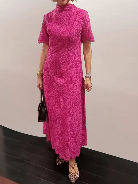 

Regular Fit Elegant Stand Collar Lace Short Sleeve Maxi Dress, Rose red, Maxi Dresses