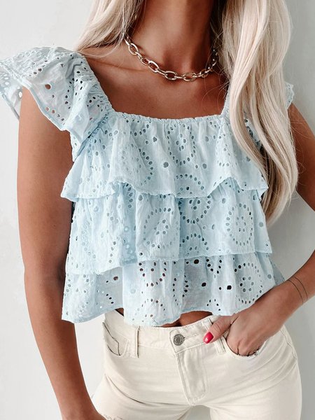 

Casual Square Neck Plain Tank Top Lace, Blue, Tanks & Camis