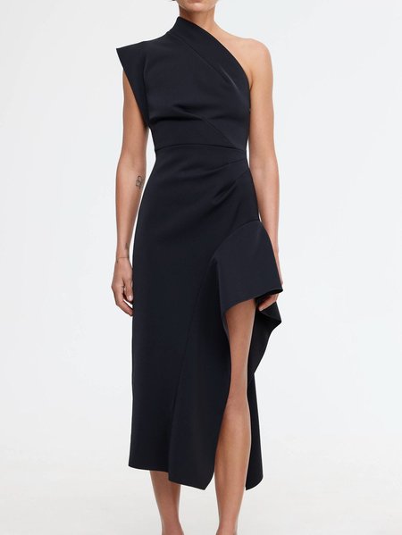 

Women's Sleeveless Summer Plain Ruched Dress One Shoulder Date Going Out Urban Midi A-Line Black, Dresses