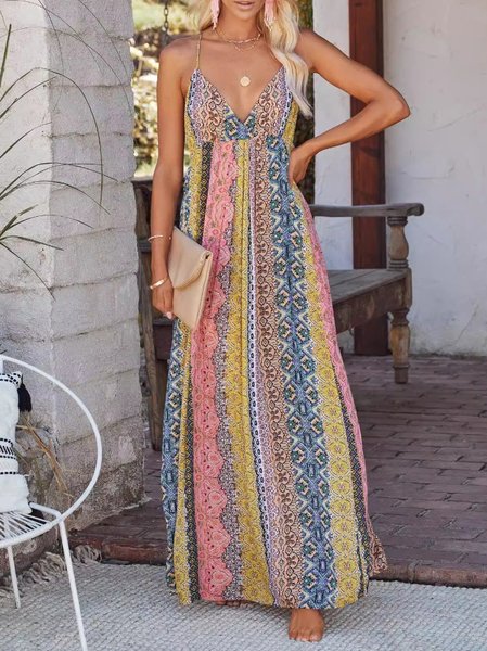 

Women Floral V Neck Gallus Comfy Simple Maxi Dress, Flower, Maxi