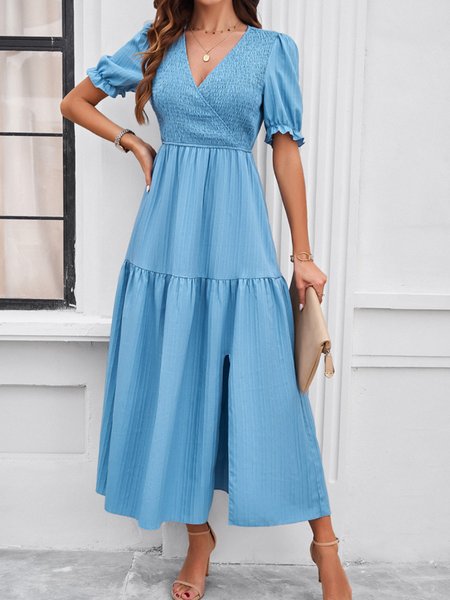 

Women Plain V Neck Short Sleeve Comfy Casual Maxi Dress, Blue, Midi