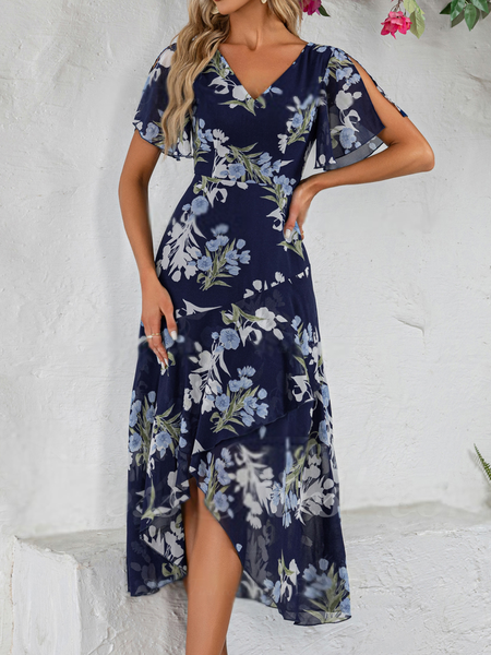 

Floral Chiffon V Neck Vacation Dress, Blue, Dresses