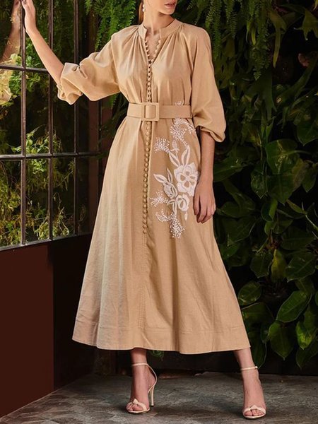 

Stand Collar Casual Loose Dress With Belt, Khaki, Maxi Dresses