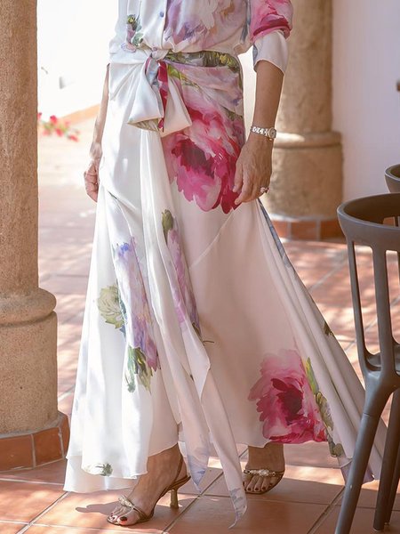 

Vacation Floral Regular Fit Long Skirt, White, Skirts