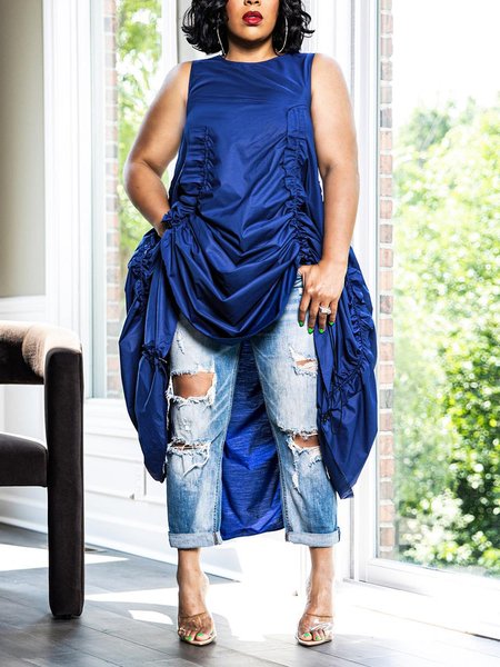 

Loose Casual Plain Crew Neck Sleeveless Shirt, Blue, Blouses and Shirts