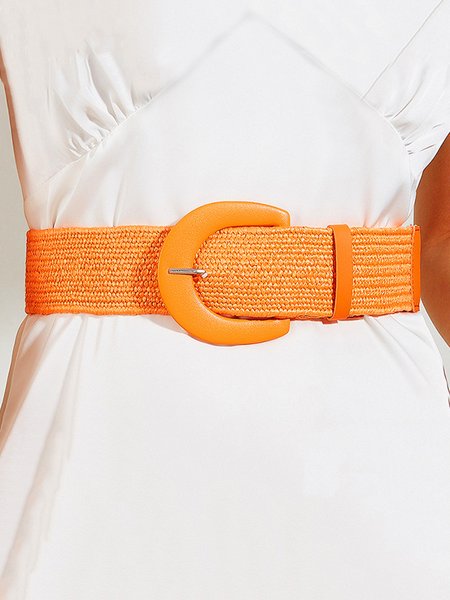 

Bohemian Braided Wide Straw Belt Elastic Dress Girdle For Women, Orange, Belts