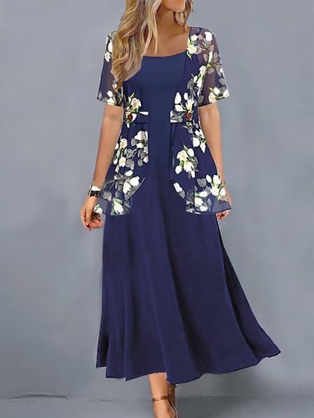 

Elegant Chiffon Floral Two-Piece Set, Dark blue, Suit Set