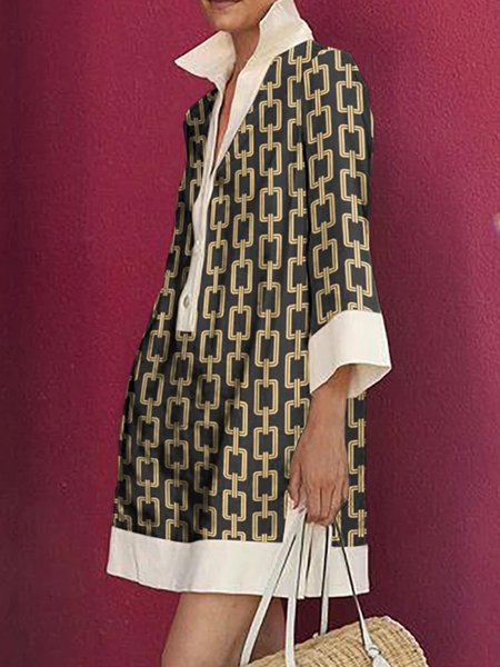 

Vacation Loose Color Block Three Quarter Sleeve Shirt Dress, As picture, Mini Dresses