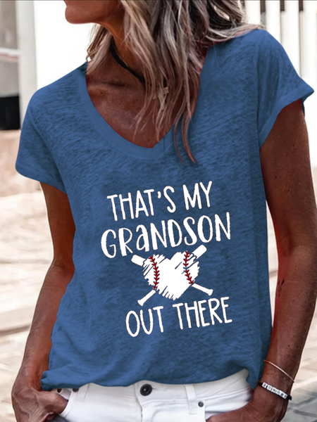 

Women's That's My Grandson out Ther Print Casual Regular Fit T-Shirt, Blue, T-shirts