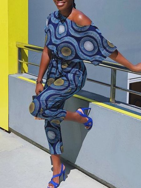 

Regular Fit Geometric Casual One Shoulder Jumpsuit, Blue, Jumpsuits