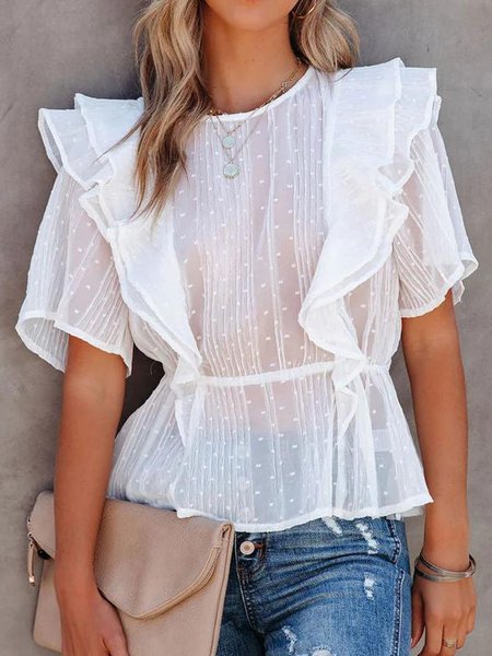 Crew Neck Short Sleeve Plain Regular Loose Shirt For Women, White, Blouses