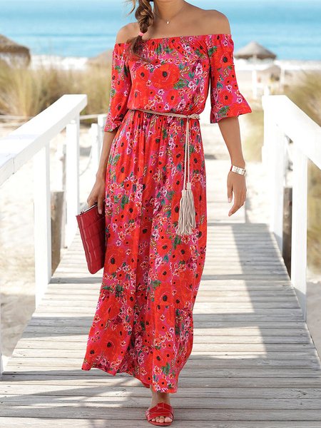 

Women Floral Halter Half Sleeve Comfy Vacation Maxi Dress, Red, Maxi