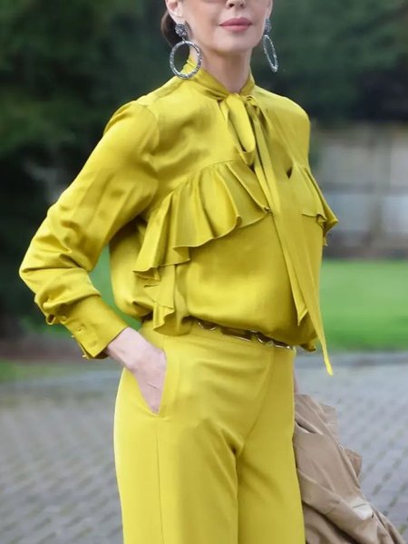 Plain Elegant Long Sleeve Regular Fit Shirt, Yellow, Blouses and Shirts