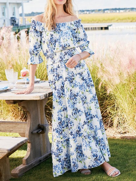 

Women Floral Cold Shoulder Half Sleeve Comfy Vacation Maxi Dress, Blue, Maxi