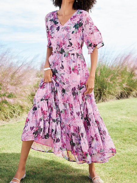 

Women Floral V Neck Half Sleeve Comfy Vacation Maxi Dress, Multicolor, Maxi
