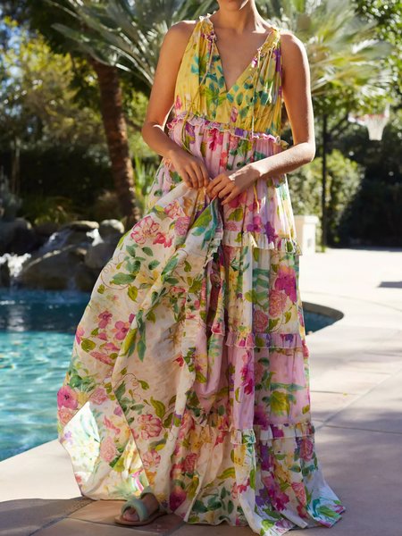 

Women Floral V Neck Sleeveless Comfy Vacation Maxi Dress, Green, Maxi