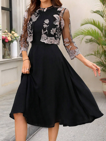 

Regular Fit Elegant Embroidery Two-Piece Set, Black, Suit Set