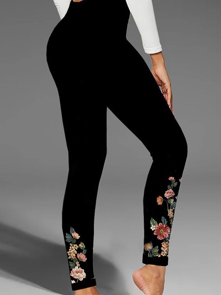 

Casual Floral Long Leggings, Black, Leggings