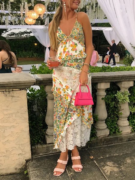 

Women Floral Spaghetti Sleeveless Comfy Simple Maxi Dress, White-green, Maxi