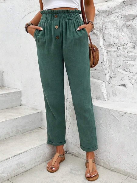 

Casual Loose Cotton Plain Pants, Green, Pants