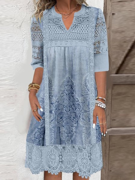 

Casual Loose V Neck Ethnic Dress With No, Blue, Dresses