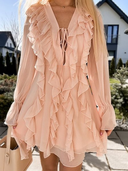 

Women Plain V Neck Long Sleeve Comfy Vacation Short Dress, Pink, Short