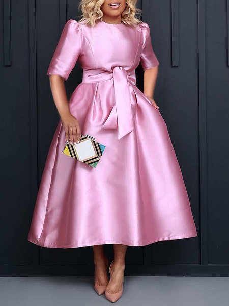 

Plain Elegant Crew Neck Regular Fit Dress With Belt, Pink, Maxi Dresses