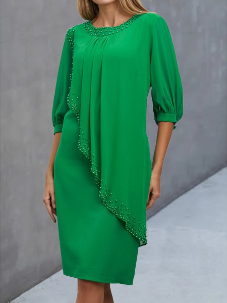 

Plain Crew Neck Loose Elegant Dress, Green, Dresses