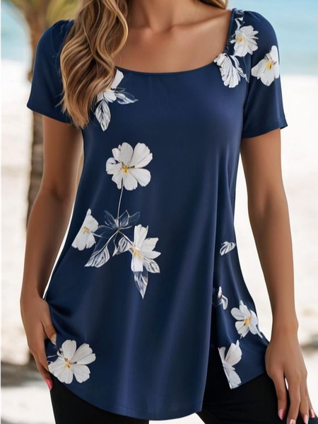 

Loose Crew Neck Floral Casual T-Shirt, Dark blue, T-Shirts