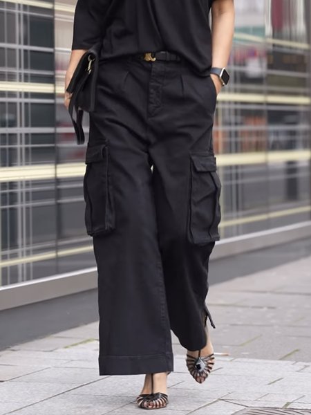 

Cotton Pocket Stitching Regular Fit Cargo Pants, Black, Pants