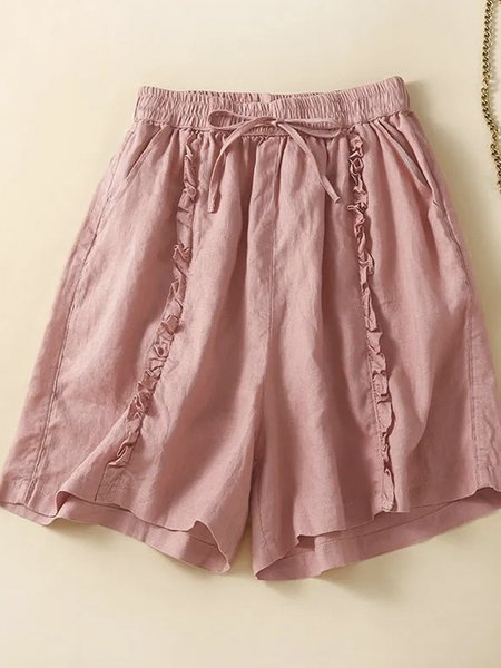 

Cotton And Linen Casual Plain Shorts, Pink, Shorts