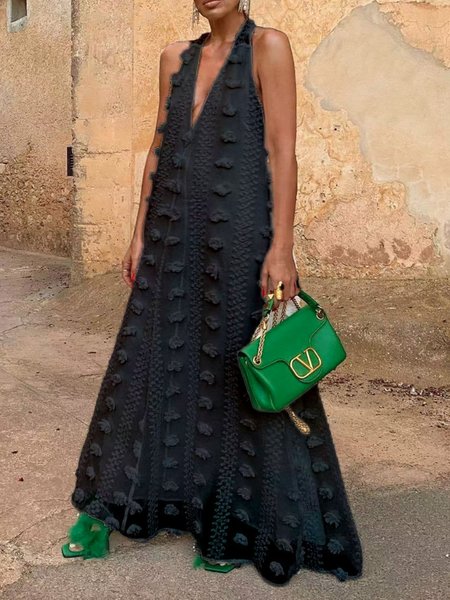 

Women Plain V Neck Sleeveless Comfy Casual Lace Maxi Dress, Black, Maxi