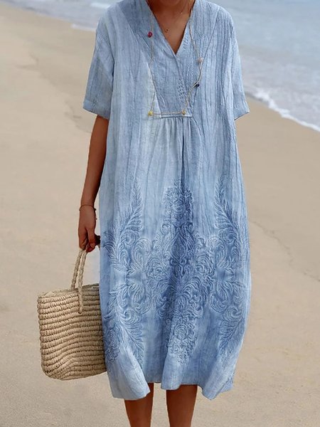 

Floral V Neck Loose Casual Dress, Blue, Dresses