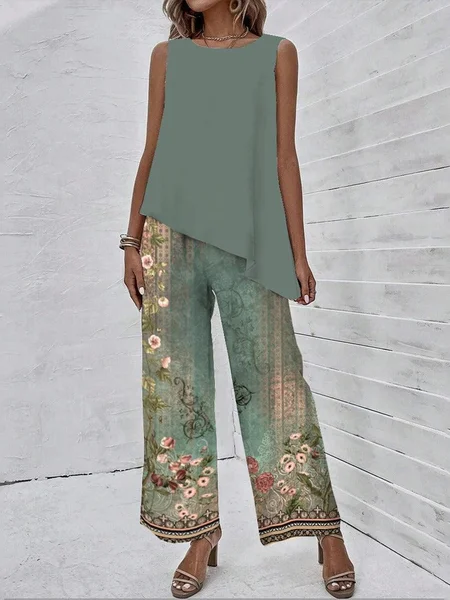 

Women's Irregular Craftsmanship Floral Daily Going Out Two-Piece Set Elegant Summer Sleeveless Tunic Top With Pants Matching Set, Green, Suit Set