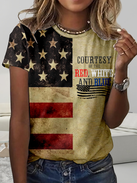 

Women's Courtesy Of The Red White And Blue Printed Casual Crew Neck Flag Regular Fit T-Shirt, T-shirts