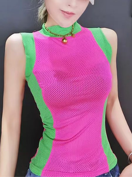 

Tight Stand Collar Vacation Color Block Tank Top, Rose red, Tanks and Camis
