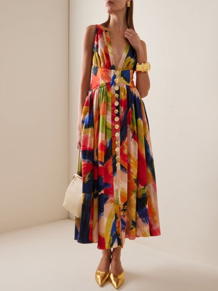 

Women Paintings V Neck Sleeveless Comfy Simple Maxi Dress, Multicolor, Maxi
