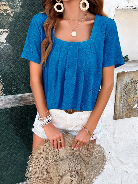 

Square Neck Short Sleeve Plain Regular Loose Shirt For Women, Blue, Blouses