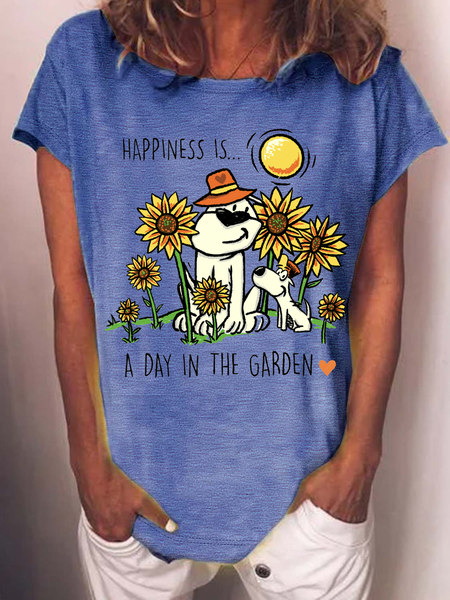 

Happiness Is A Day In The Garden Cotton-Blend Loose Casual T-Shirt, Blue, T-shirts