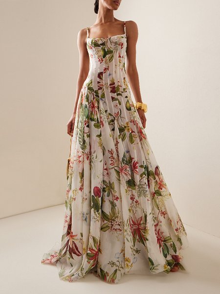 

Women Floral Spaghetti Sleeveless Comfy Simple Maxi Dress, White, Maxi