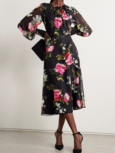 

Floral Crew Neck Elegant Regular Fit Dress, As picture, Midi Dresses
