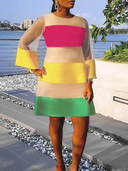 

Striped Vacation Loose Crew Neck Dress, As picture, Mini Dresses