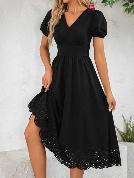 

V Neck Devore Regular Fit Elegant Dress, Black, Dresses