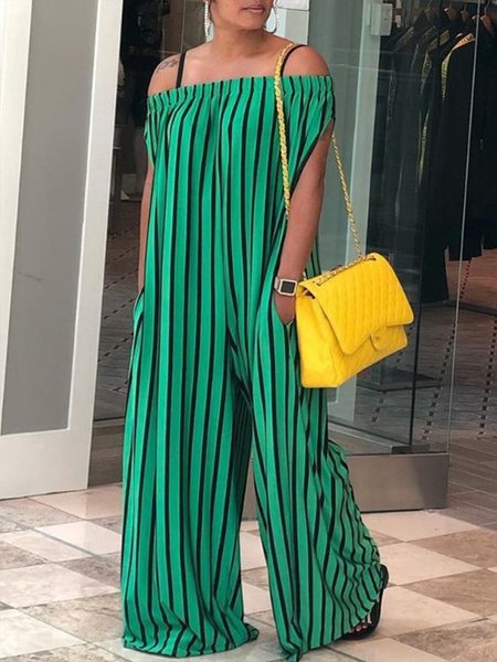

Cold Shoulder Striped Casual Loose Jumpsuit, Green, Jumpsuits